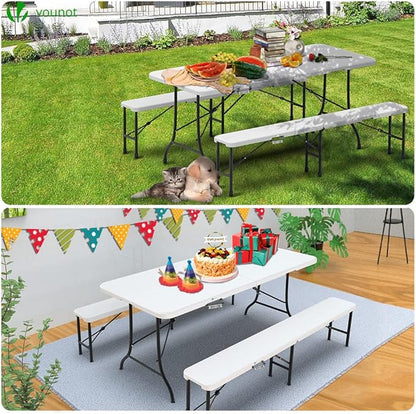 Conjunto de mesa plegable y 2 bancos blancos 180 x 75 x 72 cm