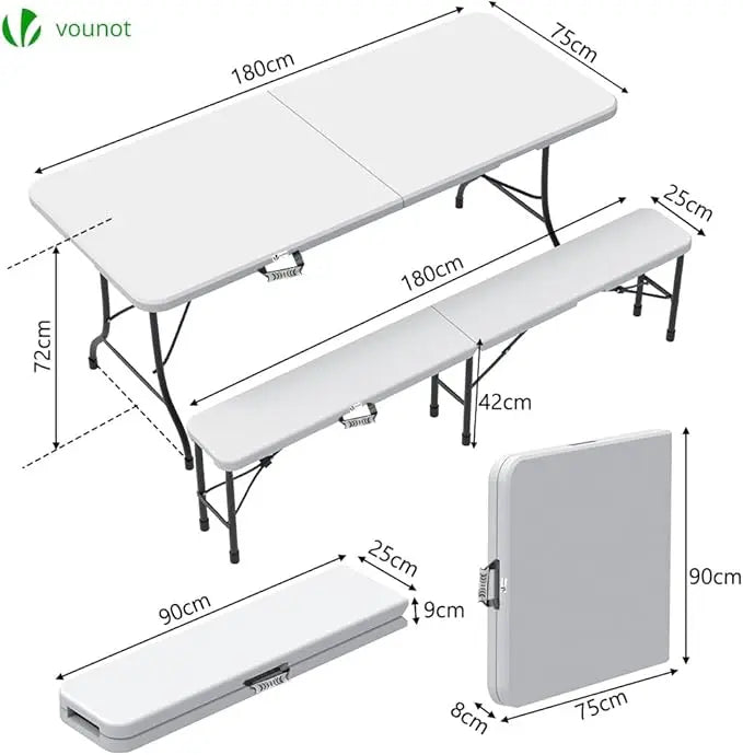 Conjunto de mesa plegable y 2 bancos blancos 180 x 75 x 72 cm