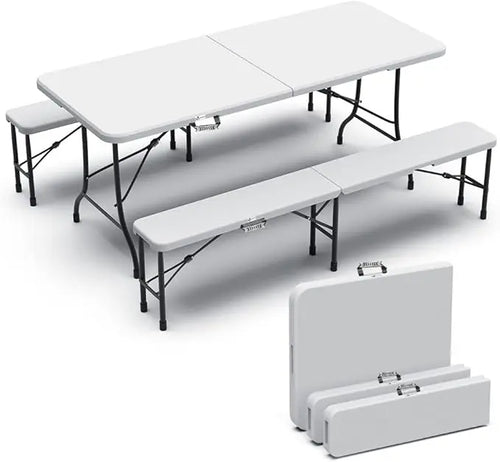 Conjunto de mesa plegable y 2 bancos blancos 180 x 75 x 72 cm