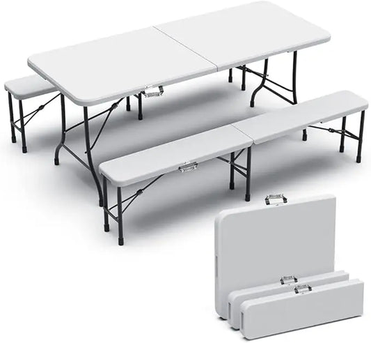 Conjunto de mesa plegable y 2 bancos blancos 180 x 75 x 72 cm